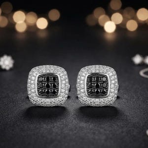 Black White Diamond Cufflinks, Square Pave Cufflinks, Simulated Diamond, 925 Sterling Silver, 14K Gold Plated, Groom Wedding Gift Men