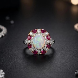 May include: A ring featuring a central oval-shaped iridescent opal surrounded by a halo of small round white diamonds and a secondary outer halo of oval-cut deep red rubies, all set in a polished metal band with a detailed prong setting.