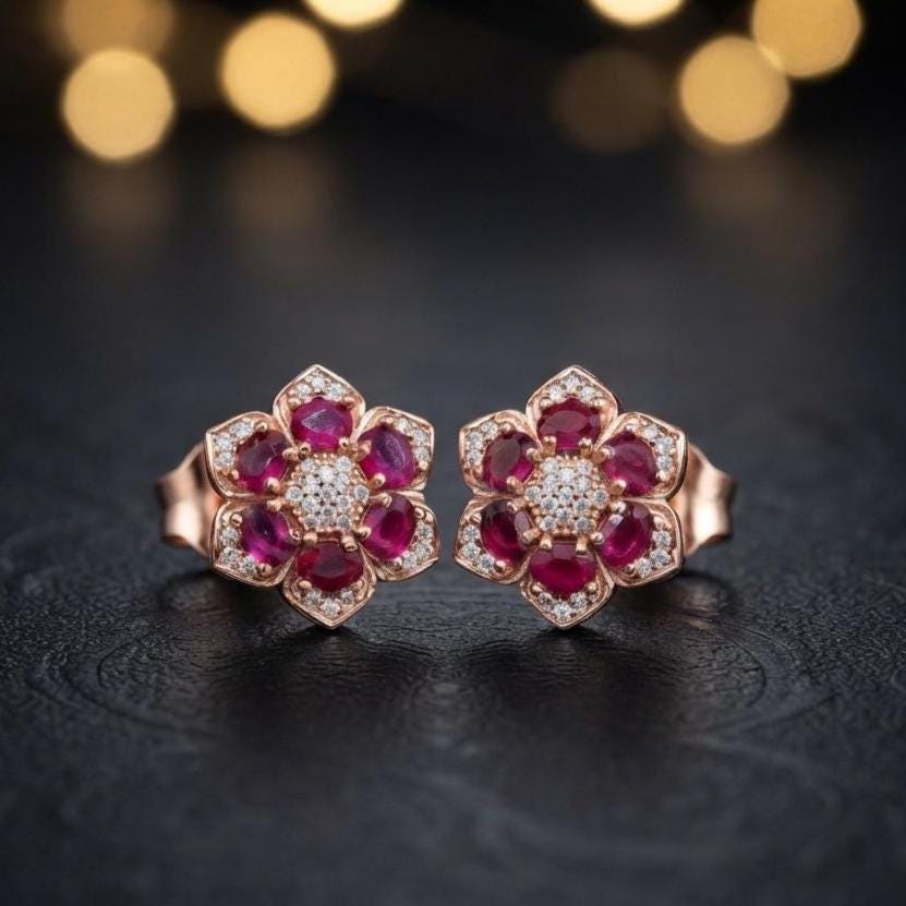 Ruby Flower Stud Earrings, Simulated Ruby & Diamond, 14K Gold Plated 925 Sterling Silver, Pave Floral Push Back Studs, July Birthstone Gift