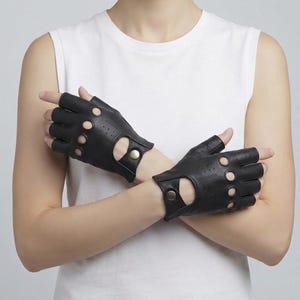 Black Leather Fingerless Gloves, Women's Perforated Leather Gloves with Button Details, Snap Cuff & Wrist Cutout