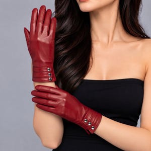 Black Leather Gloves, Women's Full Finger Gloves, Short Leather Gloves with Triple Button Cuff, Elegant Fashion Handwear