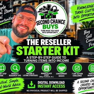 May include: A digital reseller starter kit guide featuring the text The Reseller Starter Kit, A Step-By-Step Guide To Turning Items Into Income, and Second Chance Buys. Includes icons for research, pricing, marketplace guides, and printable worksheets.