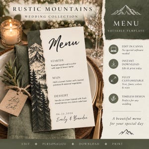Może przedstawiać: Szablon menu ślubnego z czarno-białą ilustracją gór i sosen po lewej stronie. Tekst zawiera Menu, Starter, Main, Dessert, 06.22.2026 oraz Emily & Brandon. Projekt charakteryzuje się rustykalną estetyką z poszarpanymi krawędziami papieru.