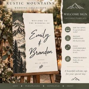 Może przedstawiać: Szablon tablicy powitalnej na ślub z poszarpanym brzegiem oraz czarno-białą ilustracją gór i lasu sosnowego. Tekst brzmi "Welcome to the wedding of Emily & Brandon", zawiera datę "06.22.2026" oraz małą ikonę liścia.