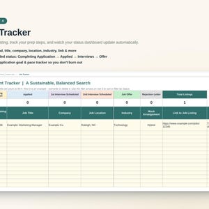 May include: A digital job tracker spreadsheet template featuring a dashboard with columns for application status, job title, company, location, industry, work arrangement, and links. The header reads Job Hunt Tracker | A Sustainable, Balanced Search.