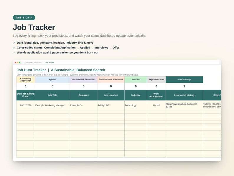 May include: A digital job tracker spreadsheet template featuring a dashboard with columns for application status, job title, company, location, industry, work arrangement, and links. The header reads Job Hunt Tracker | A Sustainable, Balanced Search.