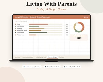 May include: A digital savings and budget planner titled Living With Parents displayed on a laptop screen. The interface features a monthly spending chart with categories like dining and entertainment, a donut chart, and a max savings total of $418.