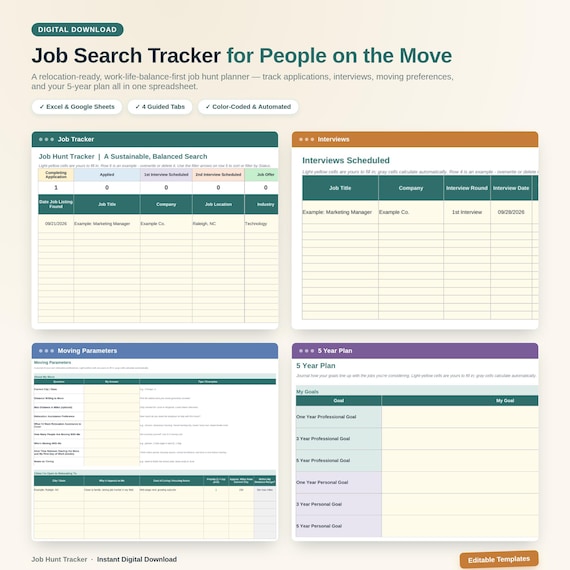 Job Search Tracker for Relocation | Work-Life Balance Planner (Digital Download)