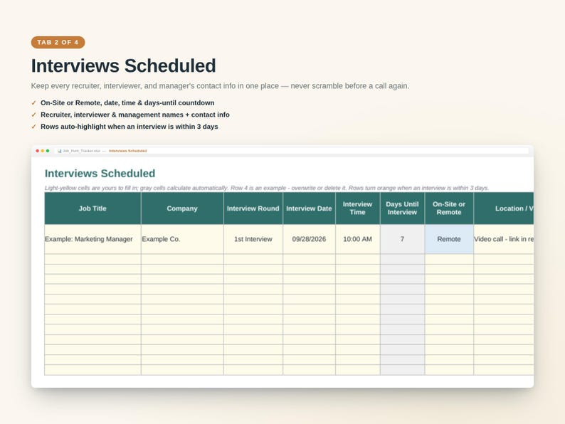 May include: A digital spreadsheet template titled Interviews Scheduled with columns for Job Title, Company, Interview Round, Date, Time, Days Until Interview, On-Site or Remote, and Location. It includes instructions for tracking recruiter contact info.