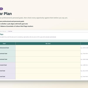 May include: A digital 5 Year Plan spreadsheet template featuring a table with columns for goals and ideas. The header includes text: 5 Year Plan, 1, 3 & 5-year professional and personal goals, Auto-flags whether a job aligns with both goal sets.