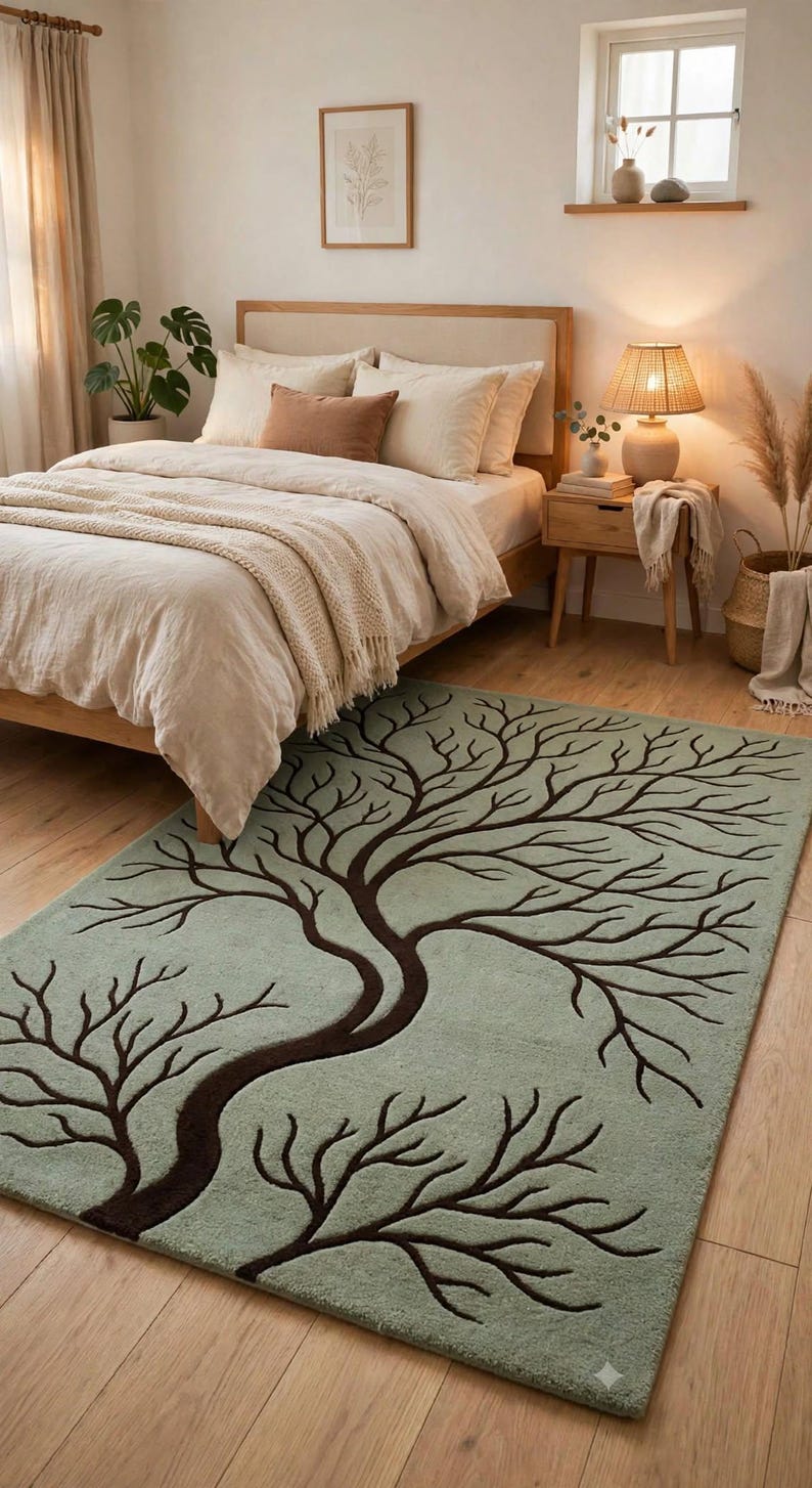 Hand Tufted Tree of Life Rug, Sage Green Brown Tree Carpet, Nature ...