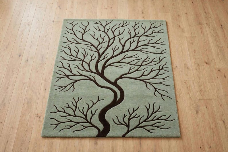 Hand Tufted Tree of Life Rug, Sage Green Brown Tree Carpet, Nature ...