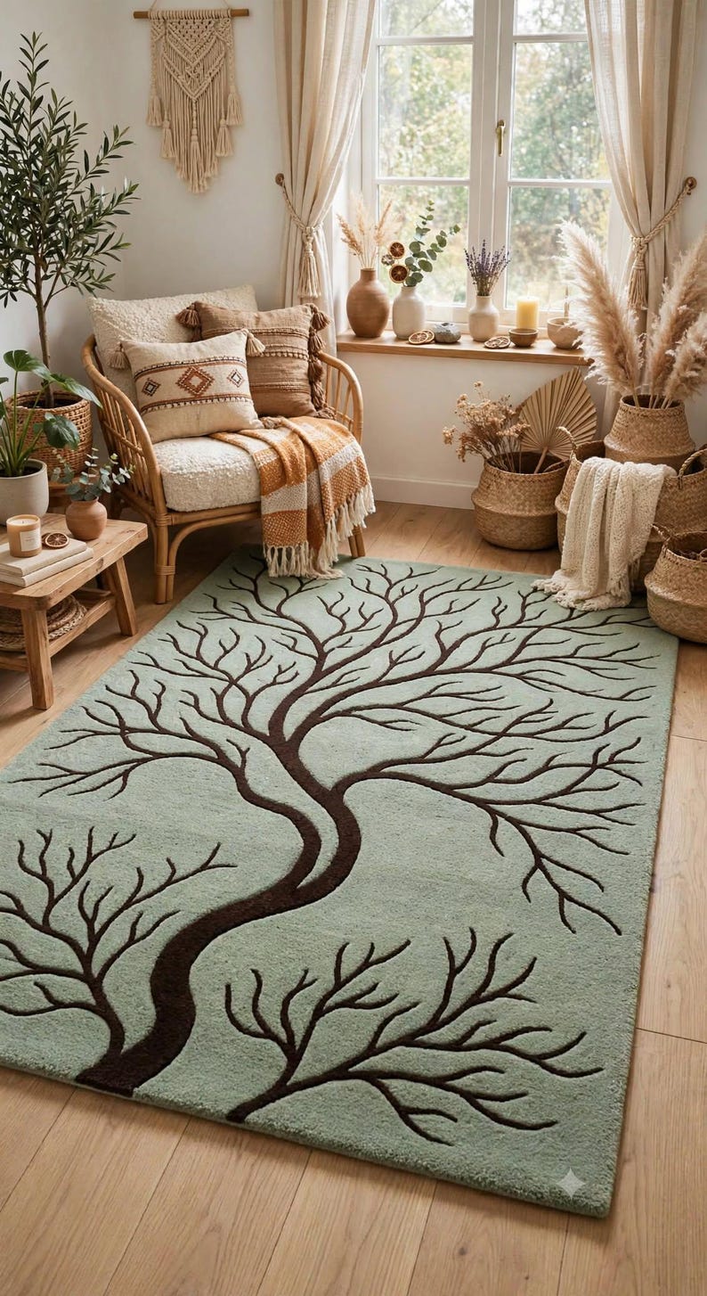 Hand Tufted Tree of Life Rug, Sage Green Brown Tree Carpet, Nature ...