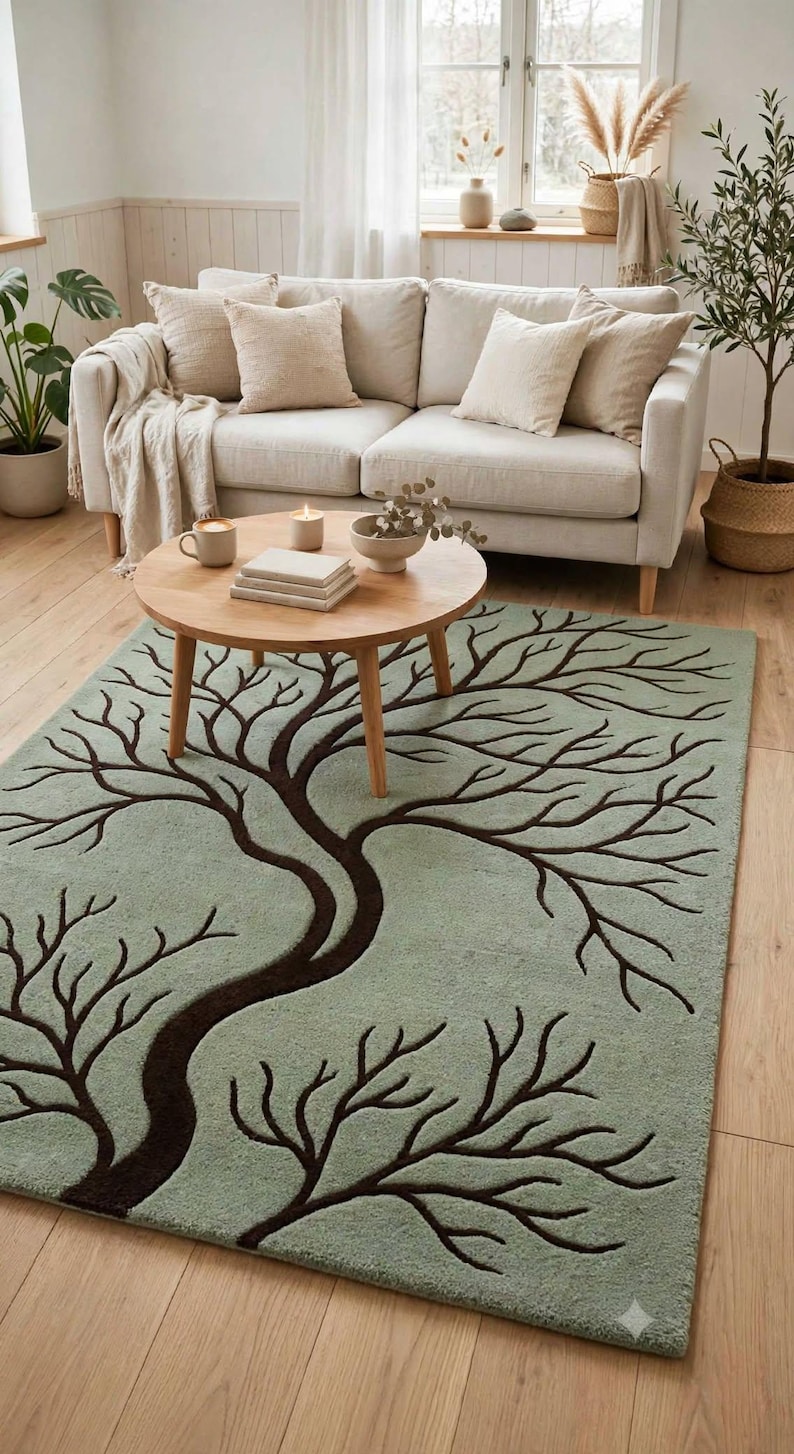 Hand Tufted Tree of Life Rug, Sage Green Brown Tree Carpet, Nature ...
