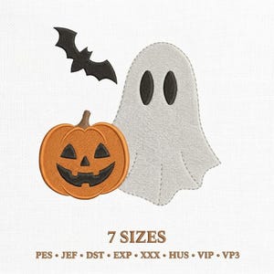 May include: An embroidery design featuring a white ghost, an orange jack-o'-lantern with black facial features, and a black bat. The text 7 SIZES and file formats PES, JEF, DST, EXP, XXX, HUS, VIP, VP3 are printed in brown at the bottom.