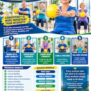 Może przedstawiać: Plakat informacyjny zatytułowany Mini Ball Exercises for Seniors, przedstawiający 5-częściowy program. Zawiera tekst, ilustracje osób używających żółtych piłek do ćwiczeń oraz sekcje szczegółowo opisujące korzyści programu, formułę sukcesu i cytaty.