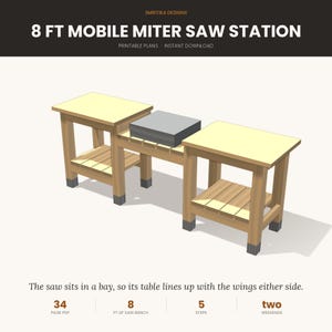 Puede incluir: Una ilustración digital de una estación móvil para sierra ingletadora de 8 pies con marcos de madera clara, mesas amarillas y una bahía central gris. El texto incluye 8 FT MOBILE MITER SAW STATION, PRINTABLE PLANS, INSTANT DOWNLOAD, 34 PAGE PDF, 8 FT OF SAW BENCH, 5 STEPS, two WEEKS y The saw sits in a bay, so its table lines up with the wings either side.