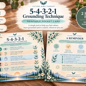 May include: Two square printable cards featuring the 5-4-3-2-1 Grounding Technique. The cards display a landscape illustration of a lake and mountains with floral borders. Text includes instructions for using five senses to feel grounded and calm.