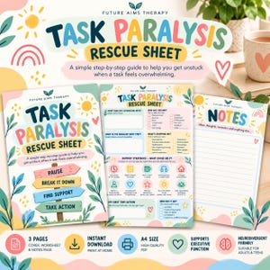 Puede incluir: Un conjunto de tres páginas Task Paralysis Rescue Sheet que incluye una portada, una hoja de trabajo con casillas de verificación y sugerencias, y una página de notas con líneas. El diseño utiliza colores pastel e iconos.