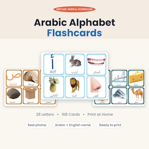 Puede incluir: Un conjunto de tarjetas didácticas del alfabeto árabe con fotos reales de animales, objetos y alimentos. Cada tarjeta muestra una letra árabe, su nombre en inglés y una imagen correspondiente. El set incluye 28 letras y 168 tarjetas.