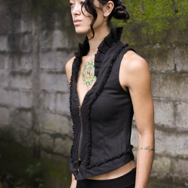 Ruffled Lace Victorian Vest: Steampunk Cotton Poplin Sleeveless Top