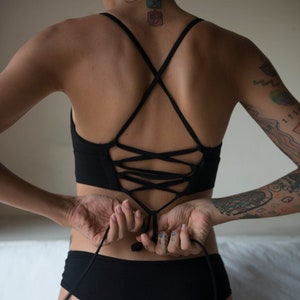 Black Organic Cotton Corset Bralette: Crisscross Yoga Bra