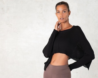 Cropped sweater ~ knitted Bamboo ~ Long sleeve ~ lightweight ~ Black crop top ~ bamboo