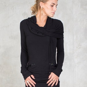 Black Tunic Bamboo Longsleeve Hooded Dress Women Dress Women Tunic Black Dress image 1