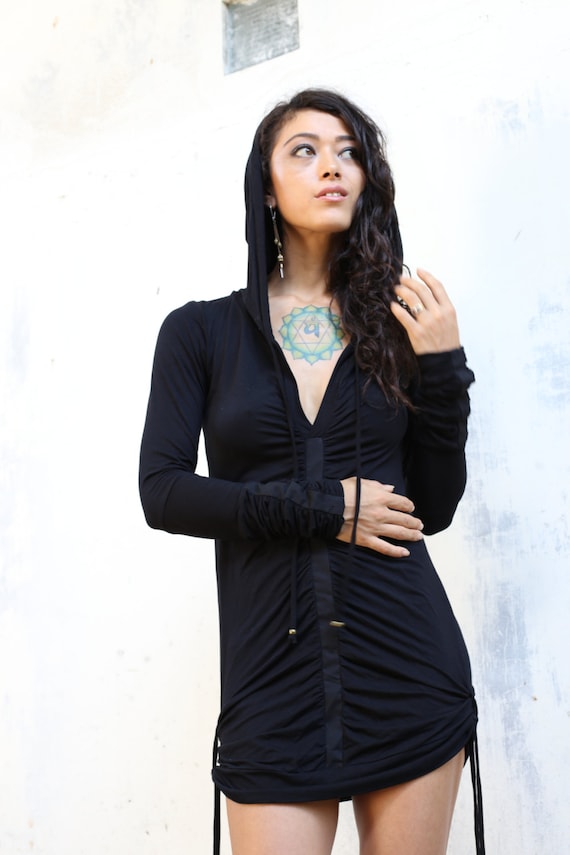 Black Bamboo Hooded Dress: Long Sleeve Sweater Dress