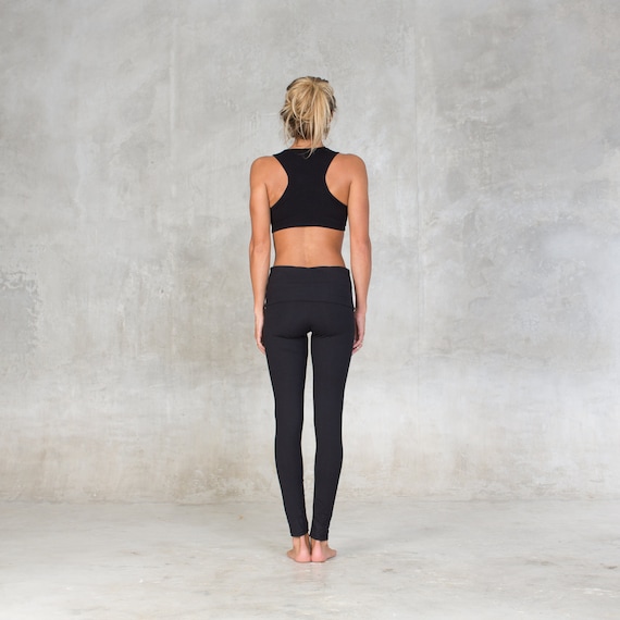 Organic Cotton Yoga Pants Black Leggings With Fold Over Waist Band Black  Yoga Bottoms Organic Cotton Clothing 