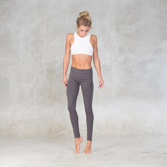 Organic Cotton Yoga Pants Fold Over Waist Band Grey Yoga Bottoms