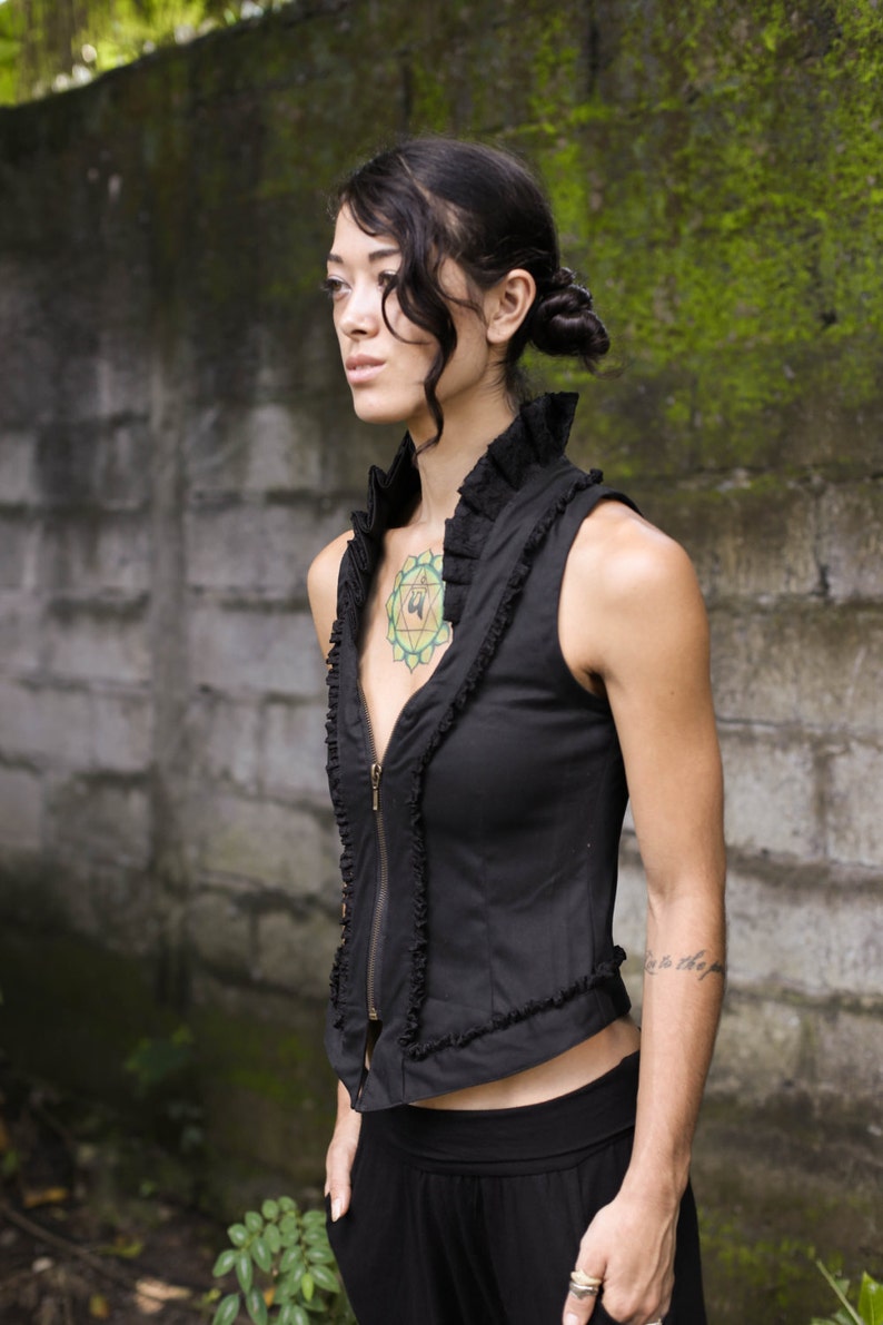 Ruffled Lace Victorian Vest: Steampunk Cotton Poplin Sleeveless Top