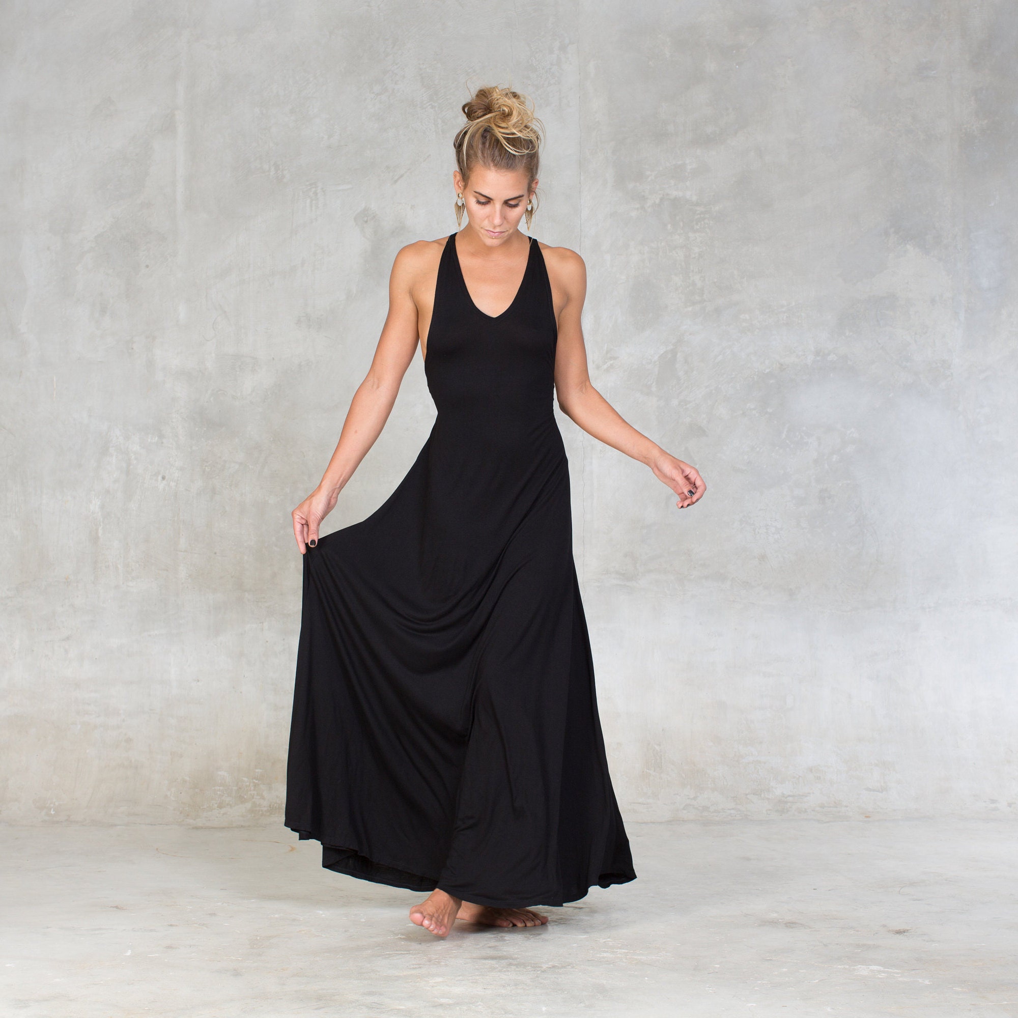 Floor Length Bamboo Dress Black Open Back Maxi Dress Black Bamboo