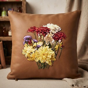 Embroidered Flower Patch Leather Cushion Cover, Camel Brown Decorative Throw Pillow Case, Floral Patchwork Accent Pillow, 14x14 16x16 18x18