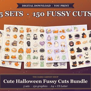 Può includere: Un pacchetto di download digitale con 5 set e 150 ritagli con grafiche a tema Halloween che includono gatti, fantasmi e zucche. Il testo recita: DIGITAL DOWNLOAD - YOU PRINT, 5 SETS - 150 FUSSY CUTS, THE DARK CABINET SHOP, Cute Halloween Fussy Cuts Bundle, 5 sets - 150 graphics - A4 + US Letter.