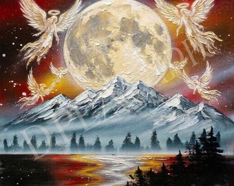 May include: An oil painting depicting a large, textured full moon rising over snow-capped mountains and a dark forest. Four winged figures with halos are positioned in the sky against a deep red and black background with white stars.