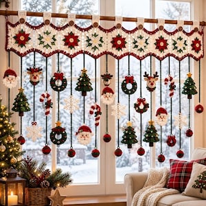 May include: A crochet window valance featuring a red and white poinsettia pattern with wooden buttons, hanging various Christmas ornaments including Santa faces, reindeer, wreaths, candy canes, snowflakes, and trees on dark green yarn.