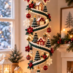 May include: A hanging spiral Christmas decoration featuring crocheted green ribbons, miniature houses, small pine trees, red ornaments, white snowflakes, and poinsettia flowers. The structure is topped with a large red and white bow.