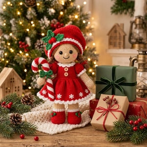 May include: A crocheted doll wearing a red dress with white snowflake embroidery, a matching red beret with green holly leaves, and red boots. The doll has brown hair and holds a red and white striped candy cane with a small green bow.