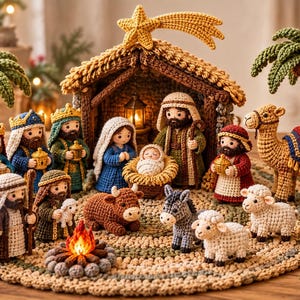 Può includere: Un set per presepe all'uncinetto con una stalla con stella gialla, figure della sacra famiglia, tre re, un cammello, un asino, una mucca e pecore. La scena include un piccolo falò, due palme e un pozzo in pietra su un tappetino rotondo.