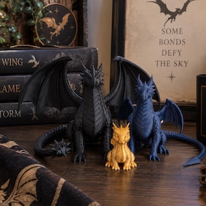May include: Three dragon figurines in black, dark blue, and gold. The black dragon has large wings and a spiked tail. The dark blue dragon is medium-sized with wings, and the gold dragon is small. They are positioned in front of books titled Fourth Wing, Iron Flame, and Onyx Storm, and a candle labeled Basgiath War College.