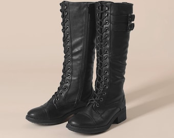 Botas altas de combate para mujer, botas de montar forradas de piel sintética, botas de invierno con cremallera y tacón bajo, botas altas de moda informal.