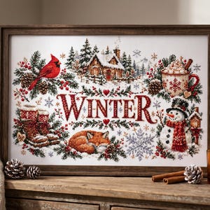 May include: A framed cross-stitch embroidery featuring the word WINTER in red letters, surrounded by a red cardinal, a snow-covered cabin, a mug of cocoa, a snowman, and a sleeping fox, all set against a white fabric background.