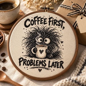 May include: A circular wooden embroidery hoop containing a cross-stitch design on cream fabric. The design features a fuzzy black creature holding a white mug with a heart, surrounded by the black text COFFEE FIRST, PROBLEMS LATER.