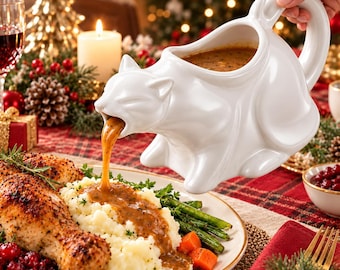 Vomiting Cat Gravy Boat, Cat-Shaped Ceramic Sauce Pitcher, Gift for Cat Lovers, Christmas Table Decor, Holiday Party Supplies