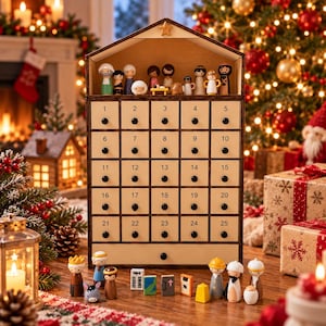 May include: A wooden advent calendar shaped like a house with twenty-five numbered drawers, each featuring a small black knob. The top shelf displays a nativity scene with small wooden figurines. Additional wooden figures are arranged in front of the base.