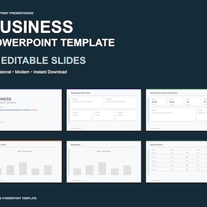 Puede incluir: Una plantilla de PowerPoint para negocios con 50 diapositivas editables sobre un fondo oscuro. El diseño muestra seis vistas previas de diapositivas que incluyen resumen de empresa, indicadores clave, tendencias y planes.
