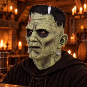 Frankenstein Monster Latex Mask, Green Horror Halloween Mask, Scary Full Face Cosplay Costume, Zombie Creature Mask