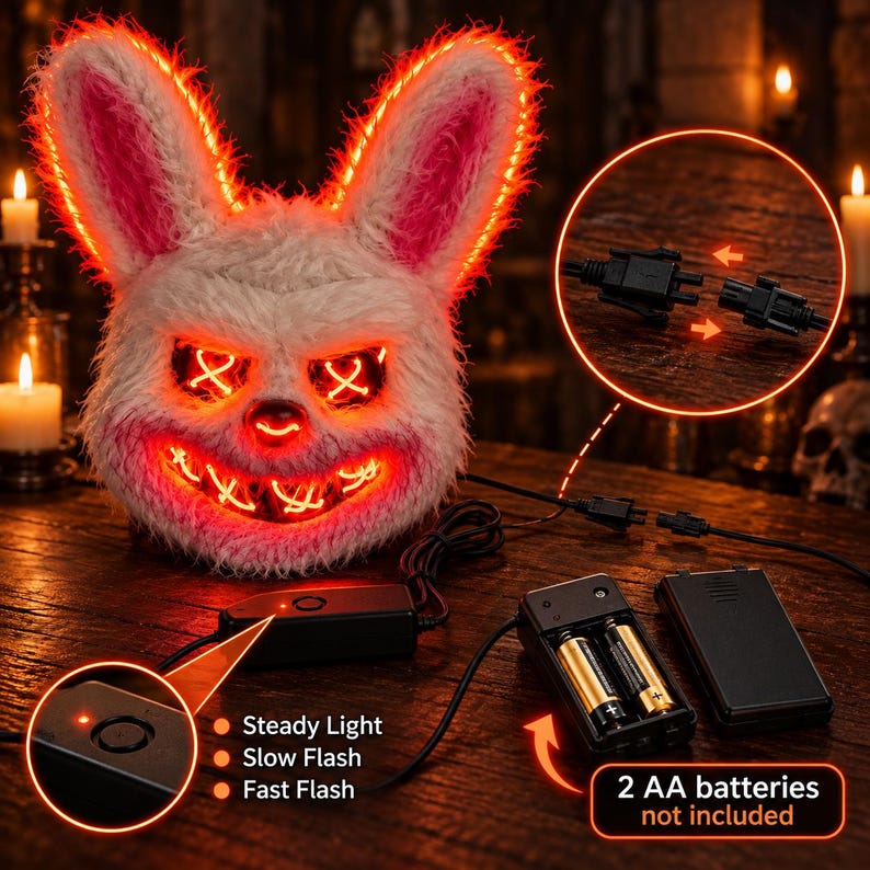 Colorful Rabbit Mask Scary Rabbit LED Mask, Horror Bunny Halloween Costume Mask, Creepy ...