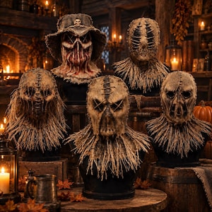 Peut inclure: Cinq masques d'épouvantail en toile de jute présentés sur des bustes noirs. Les masques présentent des détails d'yeux et de bouches cousus, des bords effilochés et des collerettes en paille. Un masque inclut un chapeau à larges bords.